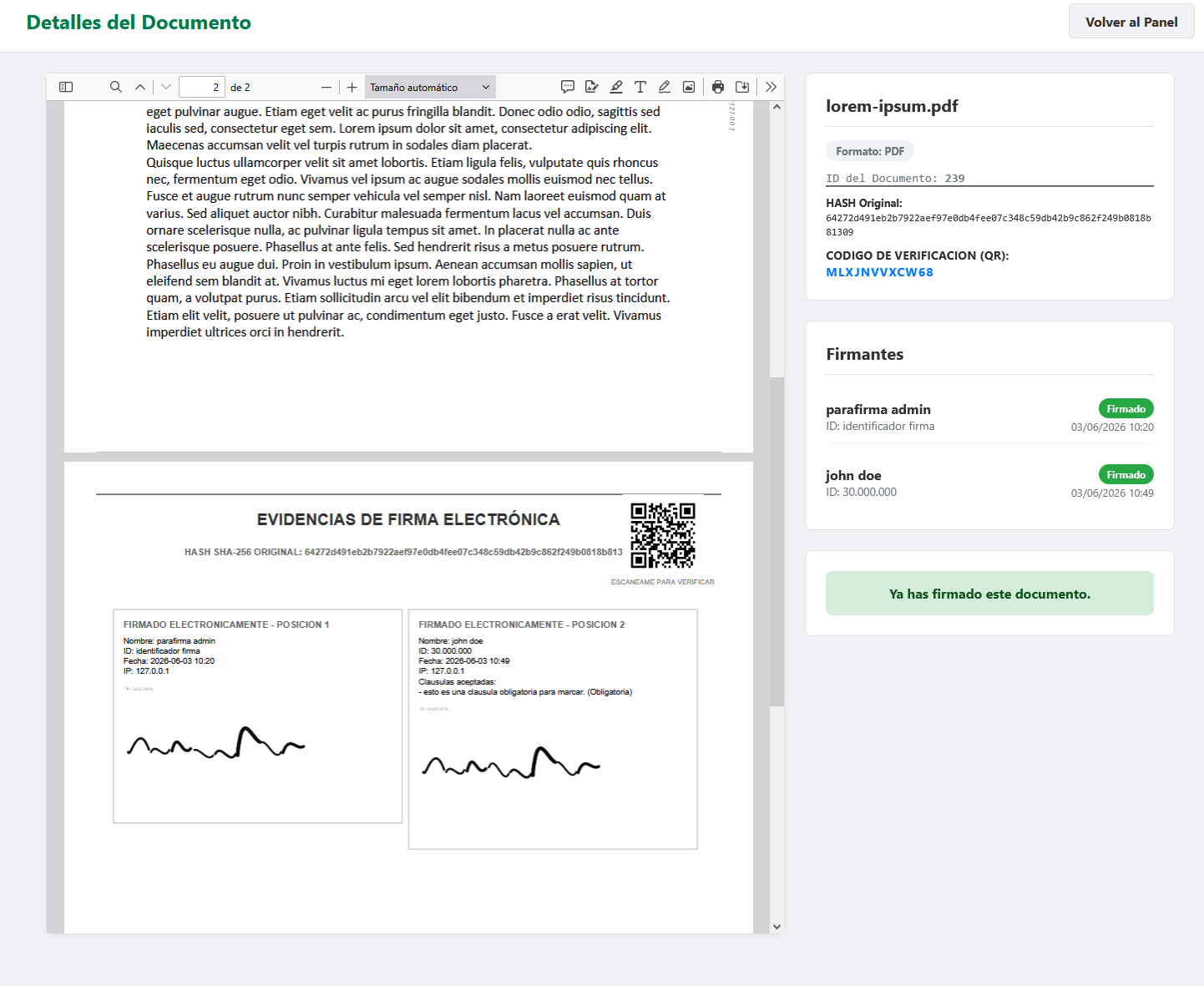 Detalle de documento con firmantes y código de verificación